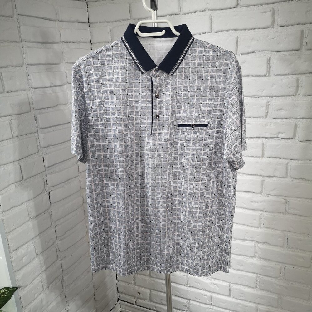NWOT Sergio Louis Men's Navy White & Red Square Pattern Polo Shirt